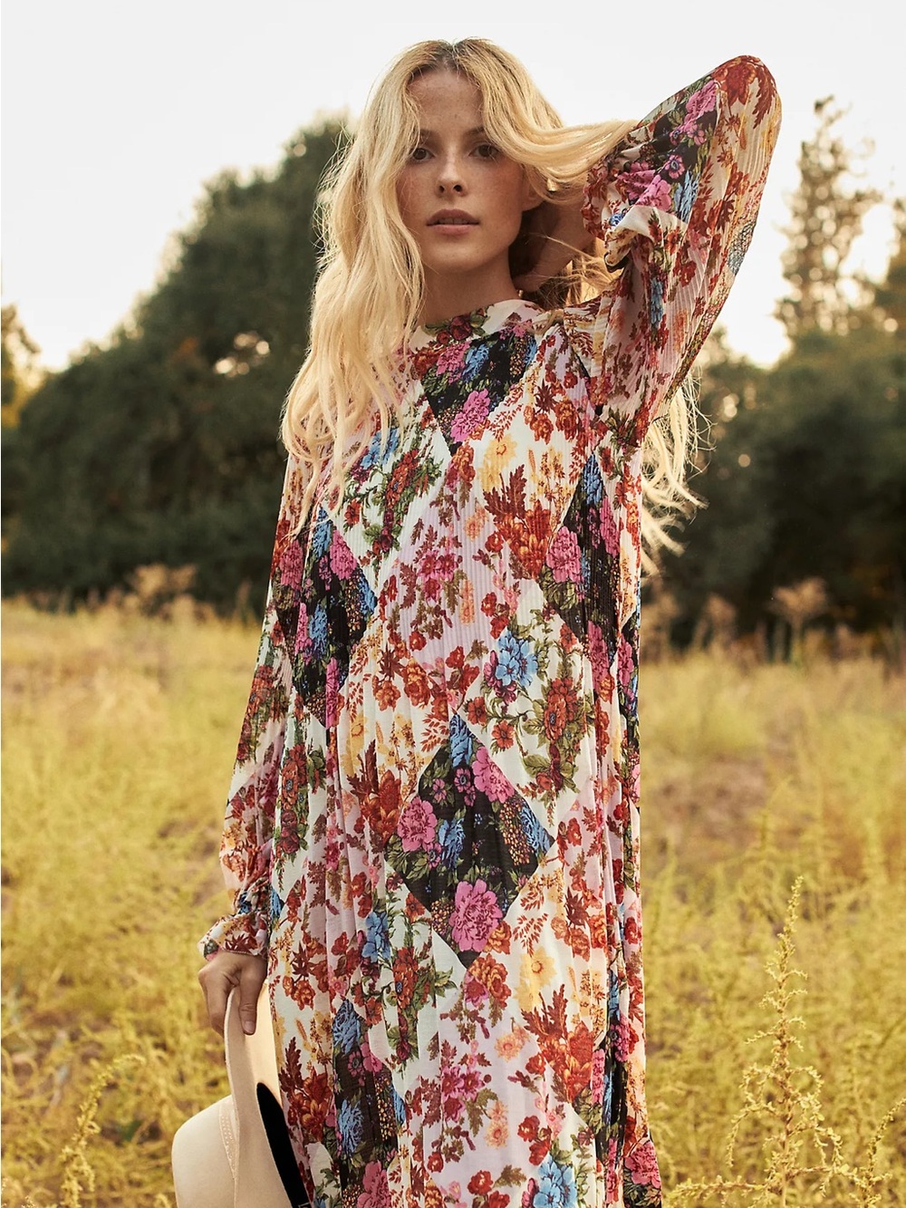 Anthropologie Maeve Shara Pleated Floral Patchwork Midi Dress 70s Boho Chic